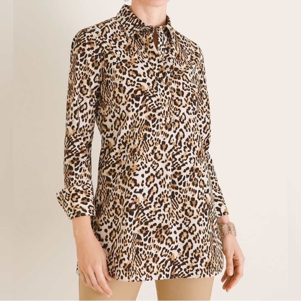 Chico’s No-Iron Cotton-Blend Cheetah-Print Pullover Button Front Top Sz 2 (L/12)